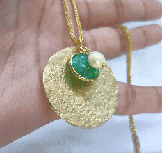 Big Hammered disc with emerald and pearl stone necklace, Handmade jewelry